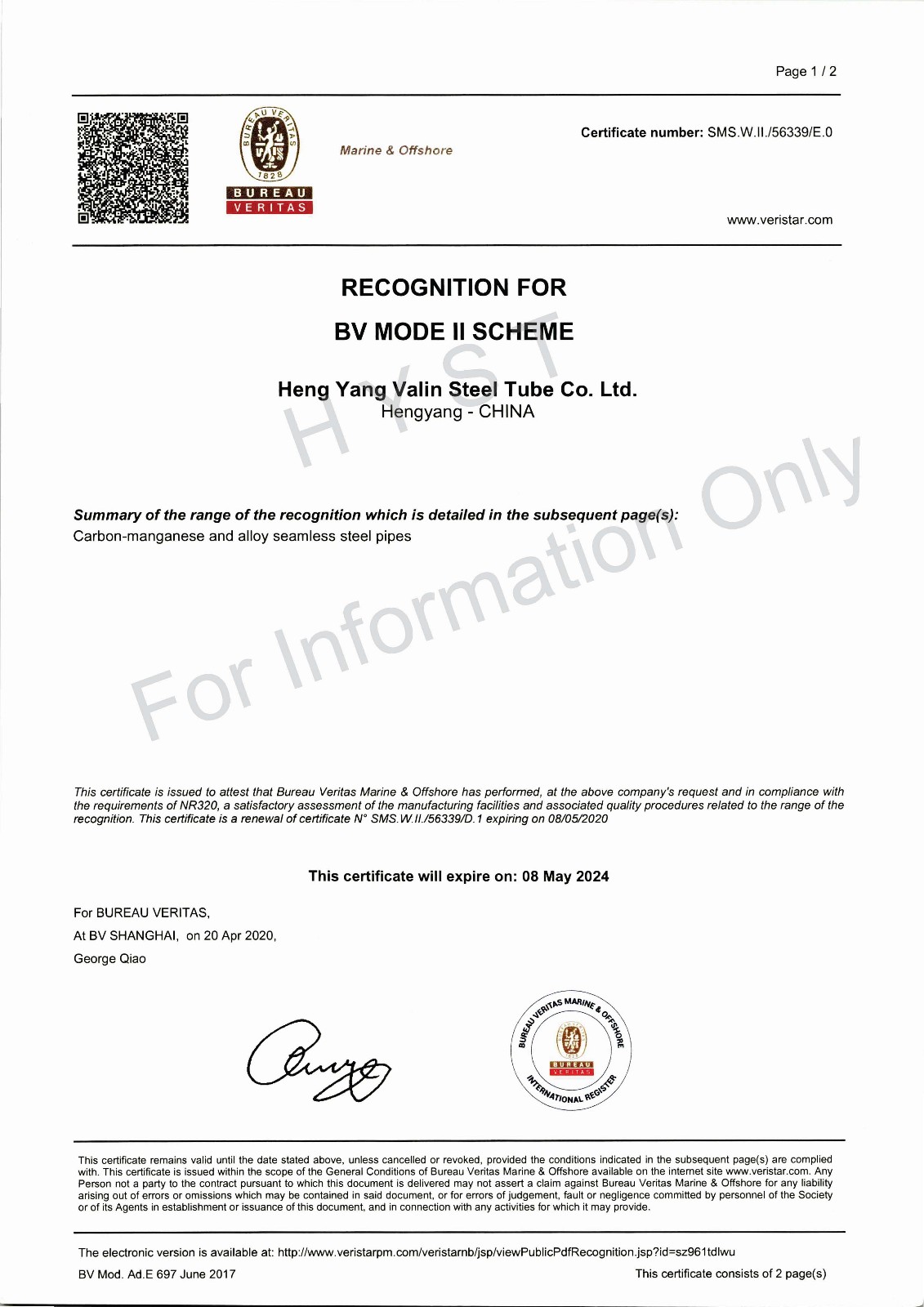 BV Recognition Certificate