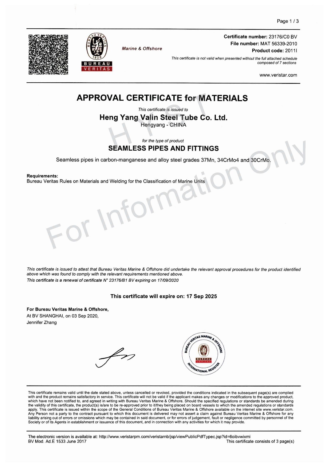 BV Certificate for 37Mn & 30CrMo & 34CrMo4